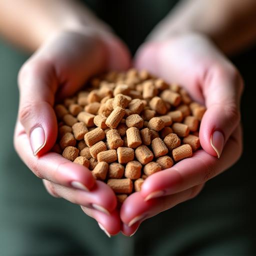 Close up of wood pellets in a hand showing texture and quality.