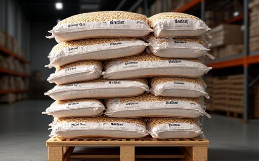 Pelletsäckar på pall, redo för leverans